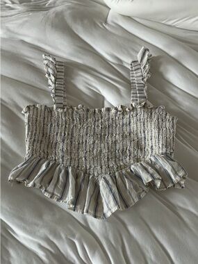 American Eagle Outfitters Cream and Blue Striped Ruffle Smocked Crop Top